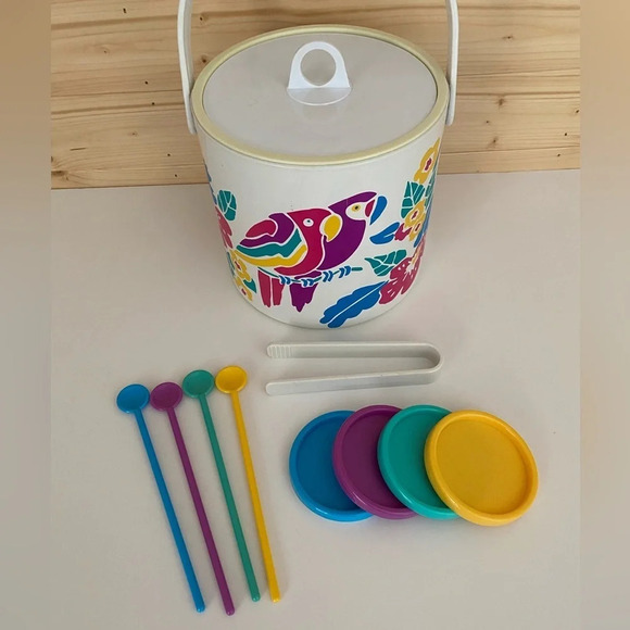 VINTAGE 1990's Tropical Fun Colorful Parrott Floral Ice Bucket & Accesso… - Picture 3 of 7